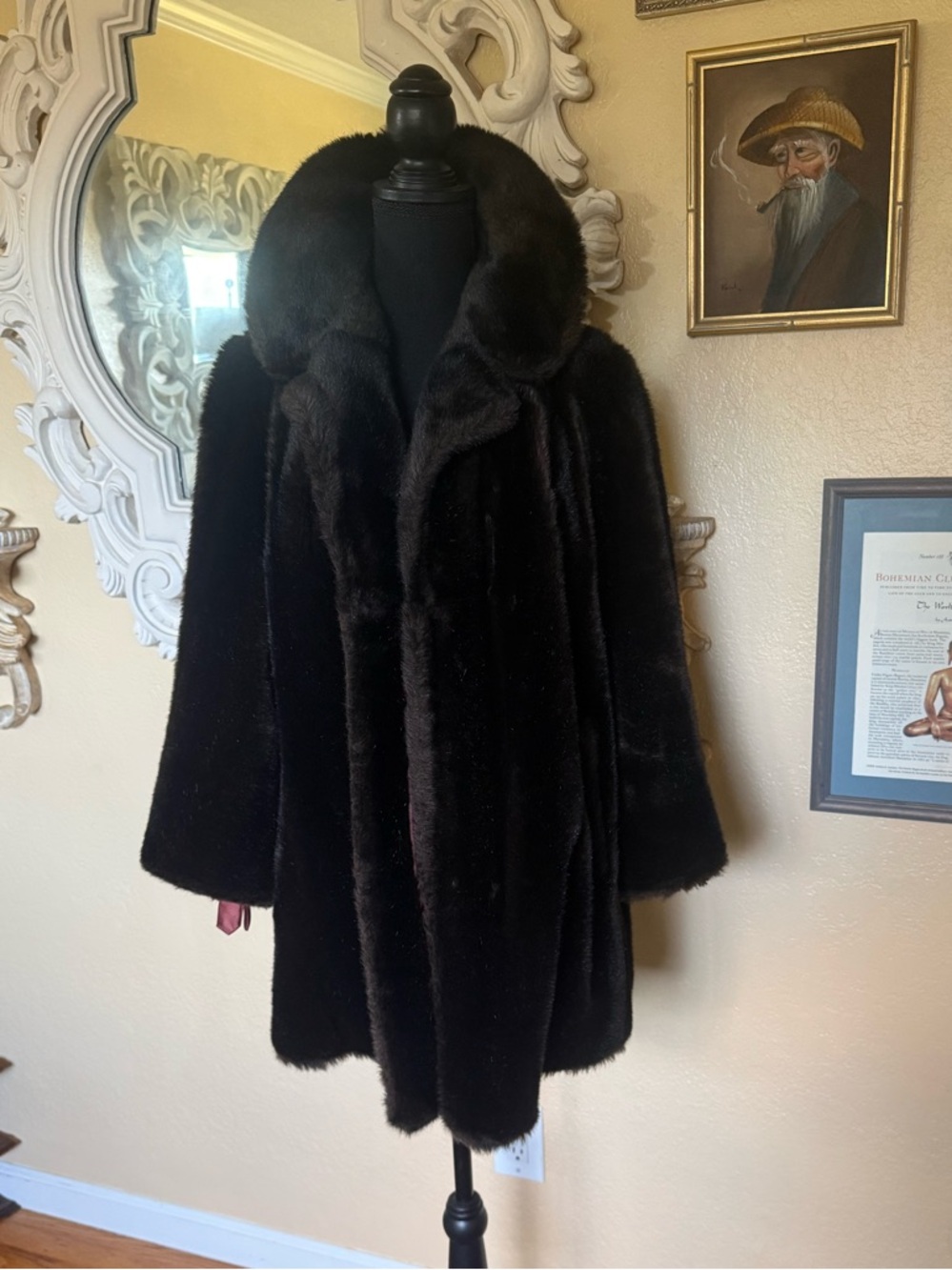 ♥️Tissavel France faux mink black brown pelted fur coat boho park ave ♥️